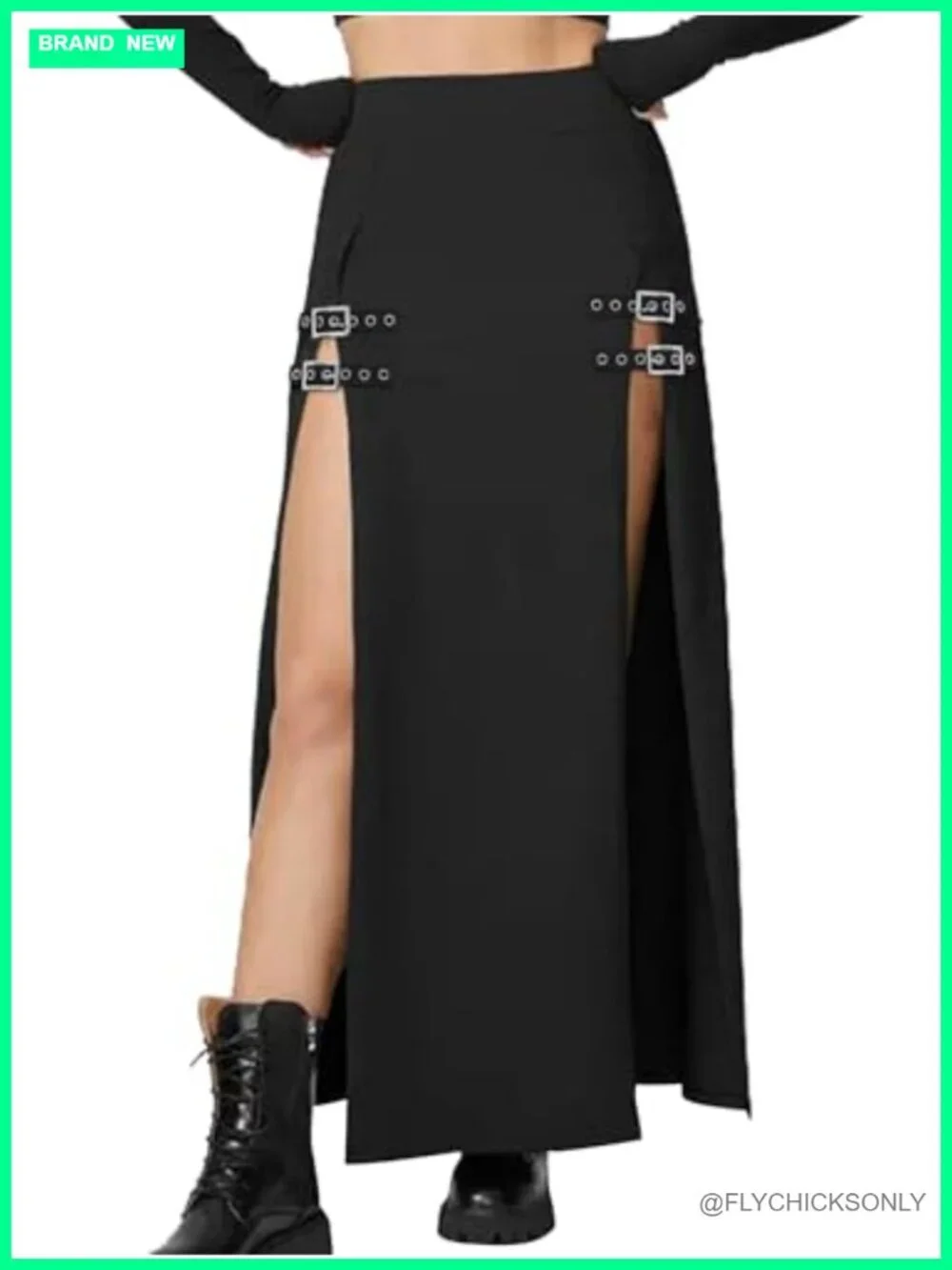 Gothic Punk Rave Maxi Skirt with Double Buckle Split High Waist Club Party